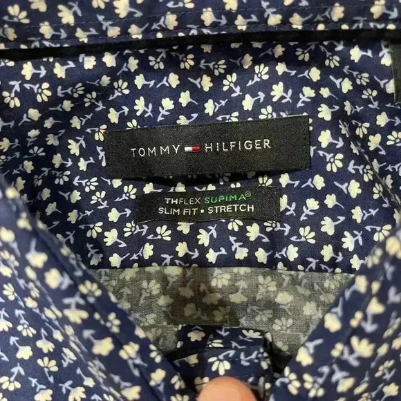 Tommy Hilfiger Button Shirt Mens 16-34/35 Blue Floral THFlex Supima Stretch Slim - Picture 4 of 8
